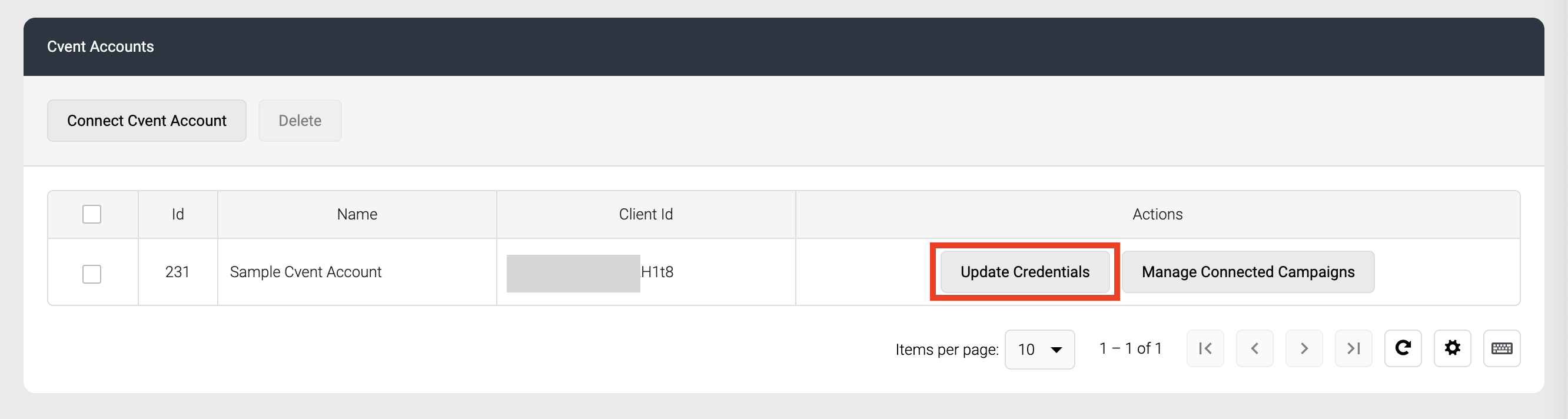 Screenshot of Update Credentials button