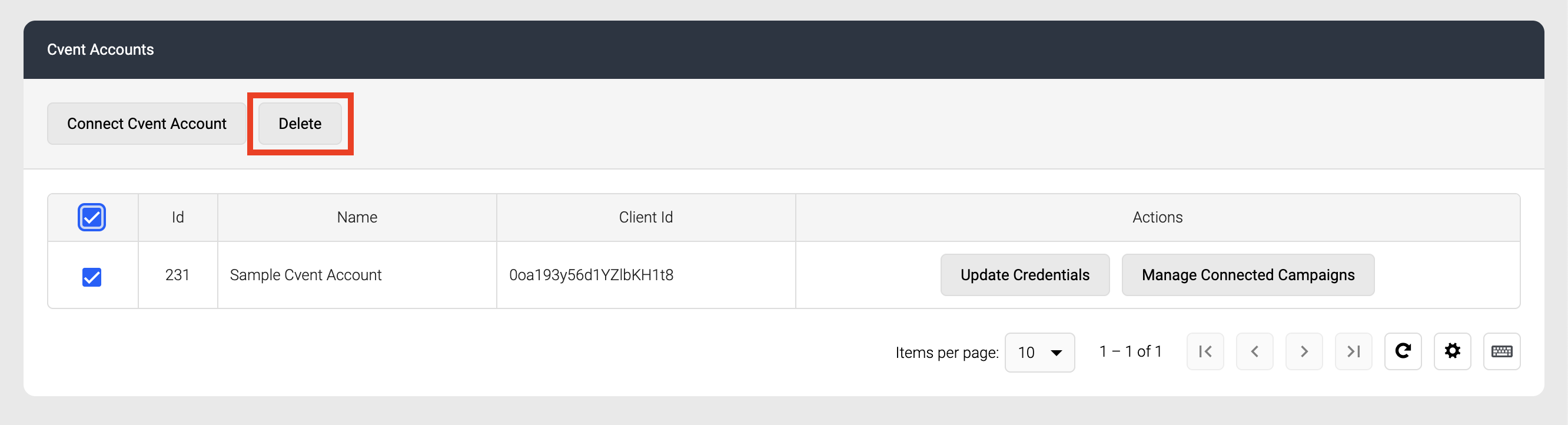 Screenshot of the Delete button on Cvent Accounts page