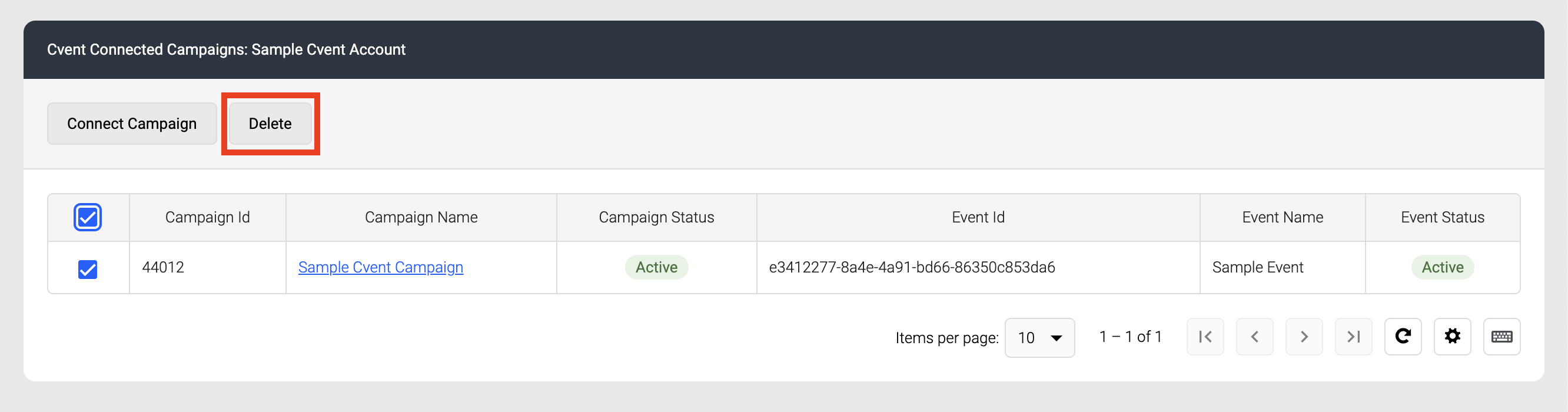 Screenshot of Delete button on Cvent Connected Campaigns page