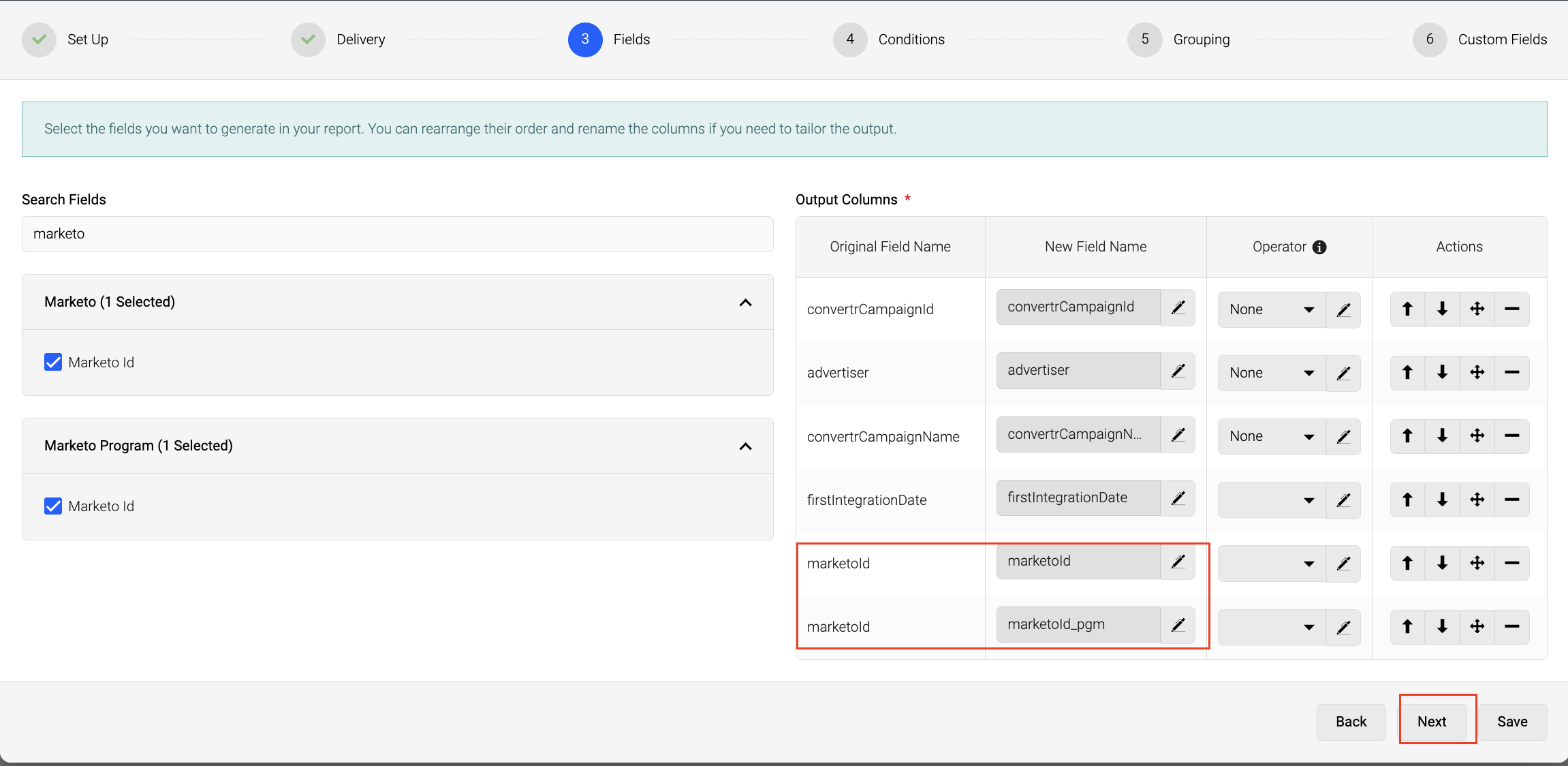 Report builder Marketo fields