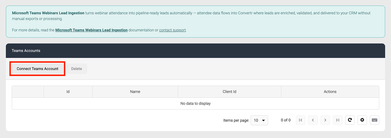 Screenshot of Connect Teams Account button