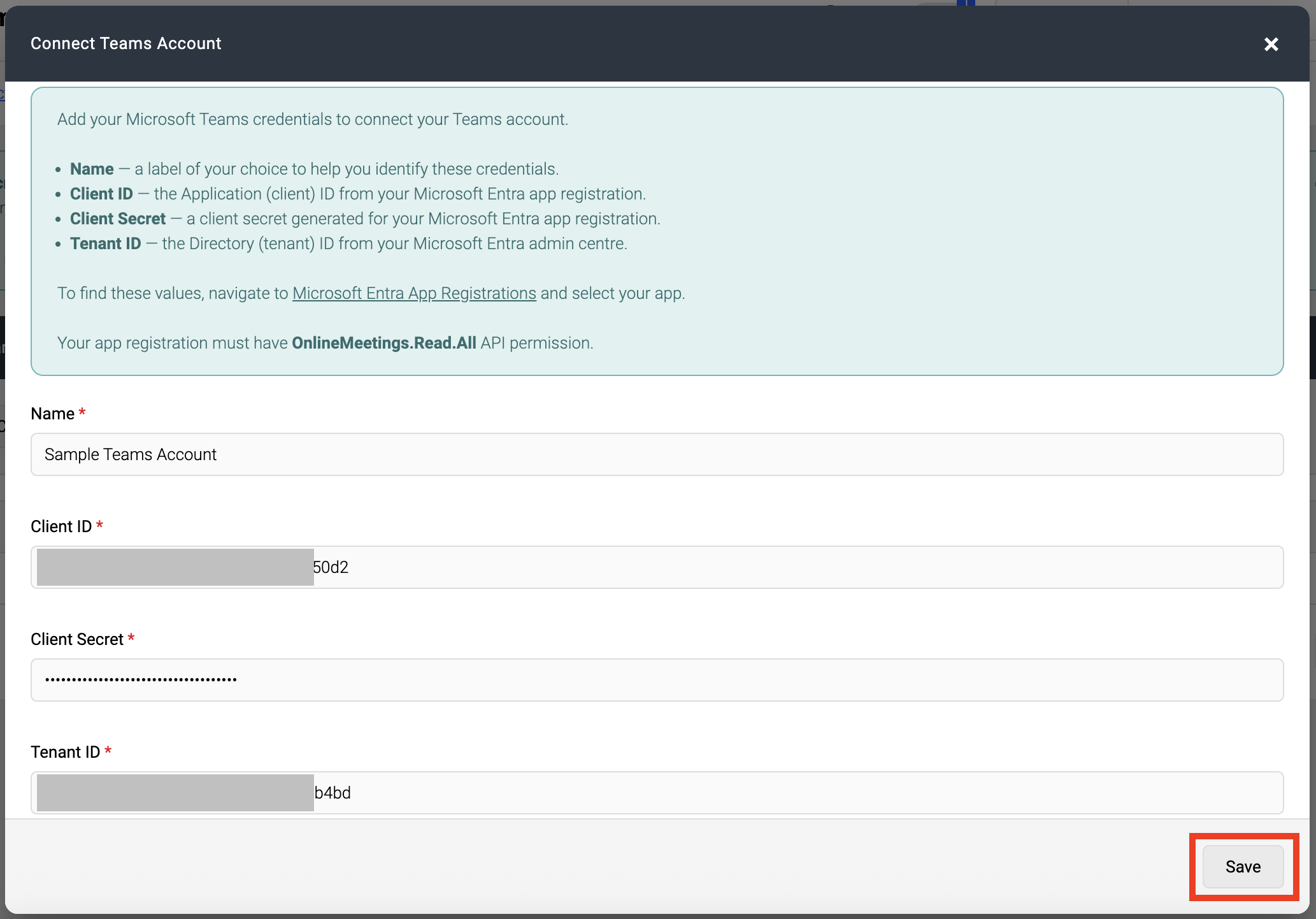 Screenshot of Connect Teams Account form