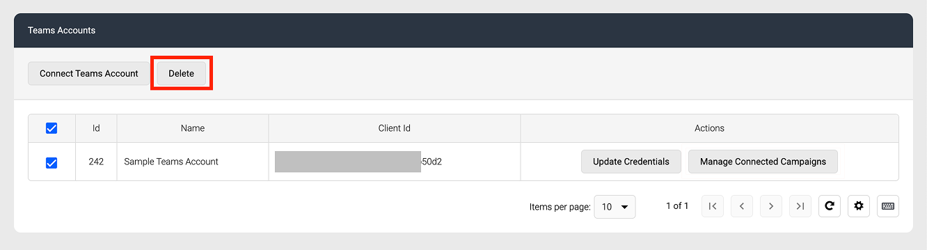 Screenshot of the Delete button on Teams Accounts page