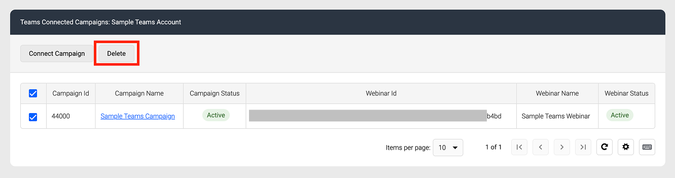 Screenshot of Delete button on Teams Connected Campaigns page