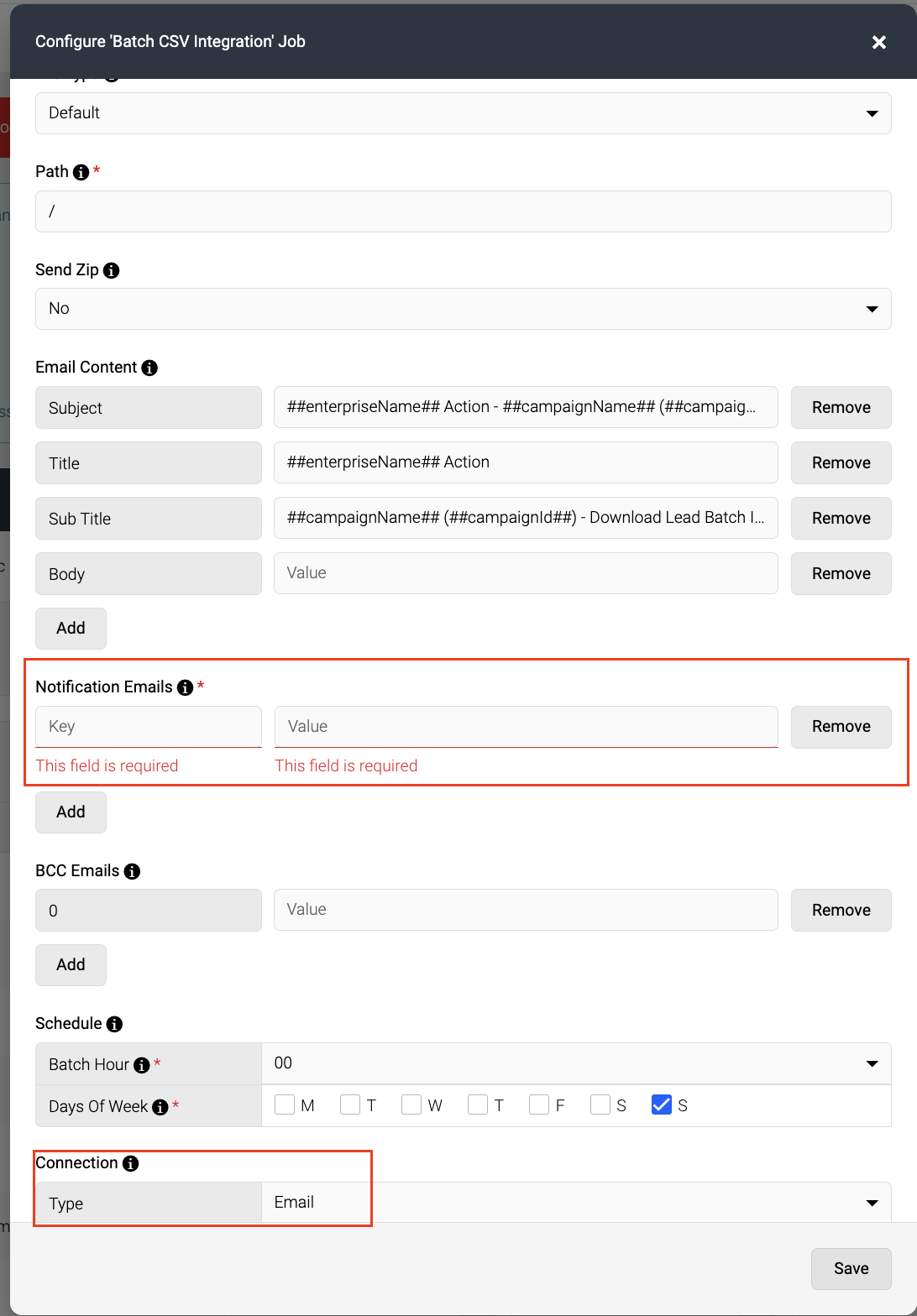 Screenshot showing validation message when notification email is not filled in