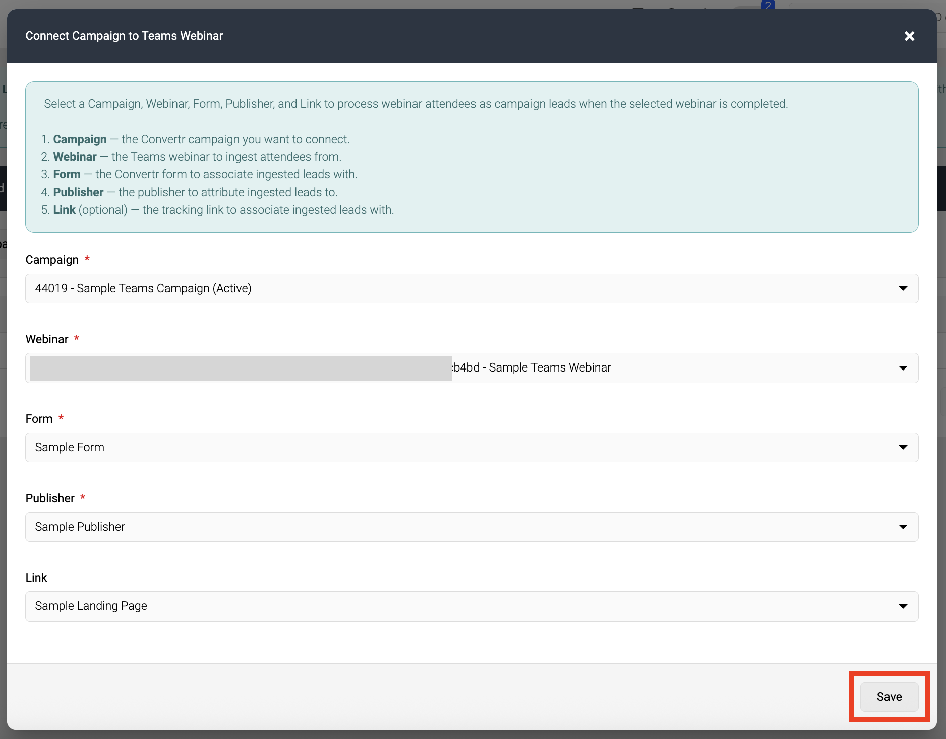 Screenshot of Connect Campaign to Teams Webinar form