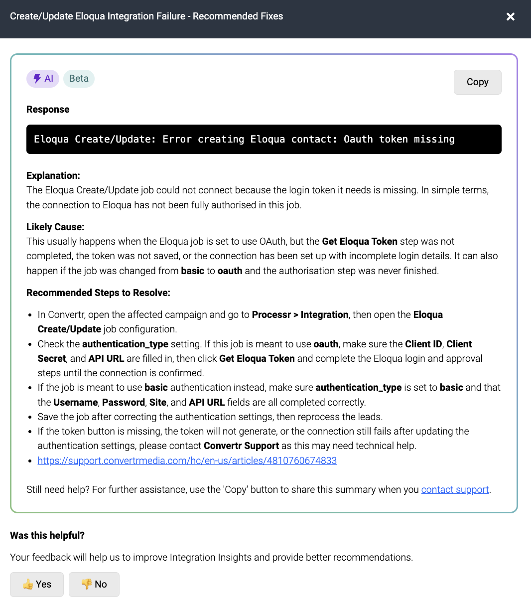 Screenshot showing Recommended steps to fix an error when integrating with the Create/Update Eloqua integration