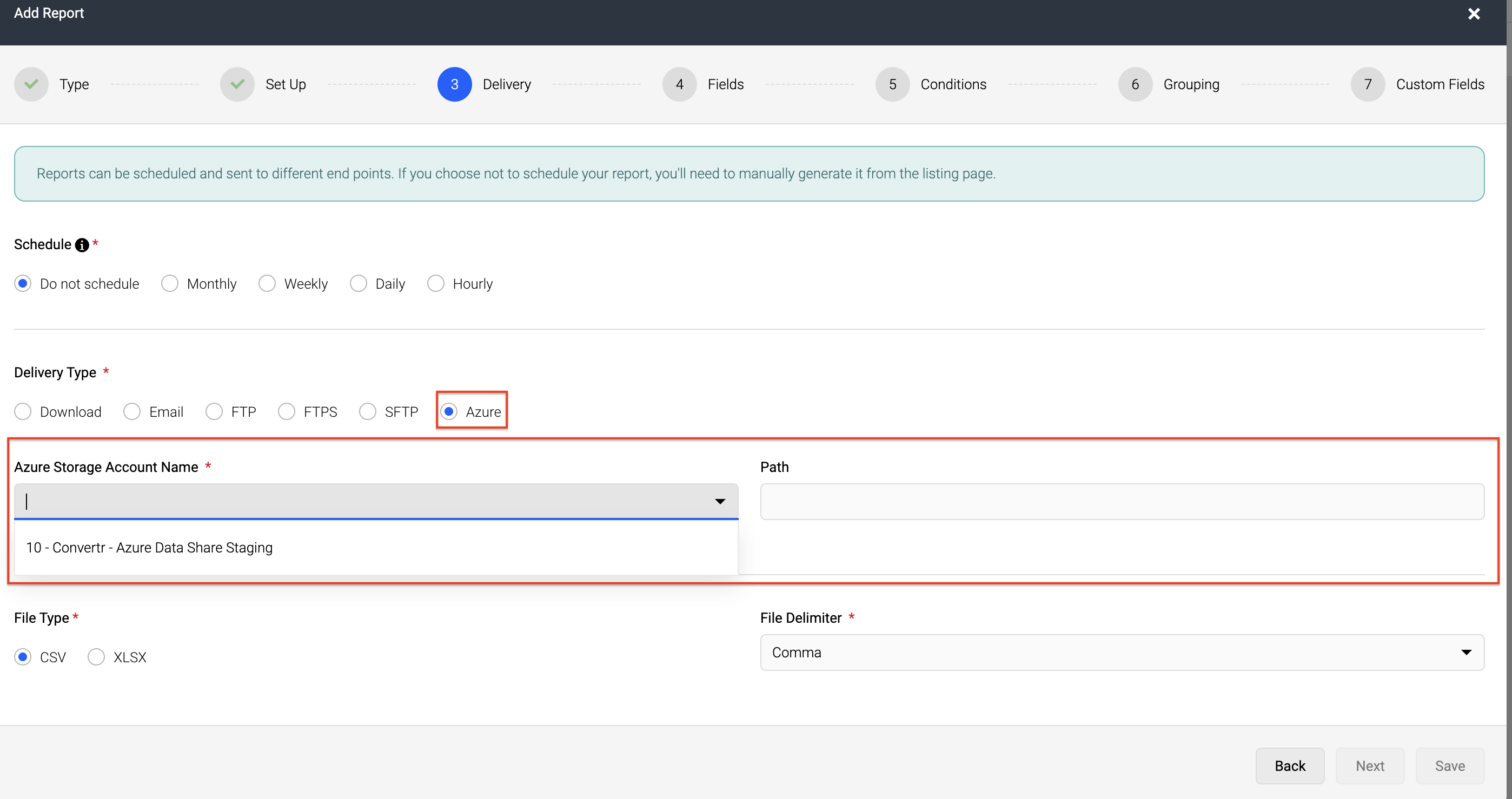 Screenshot showing new Azure type for selection in the Report Builder