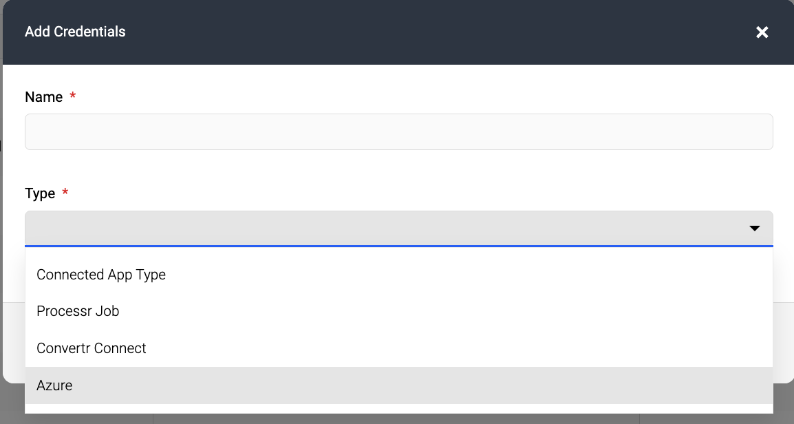 Screenshot showing 'Azure' as a type available for selection when adding a new credential in Credentials Manager