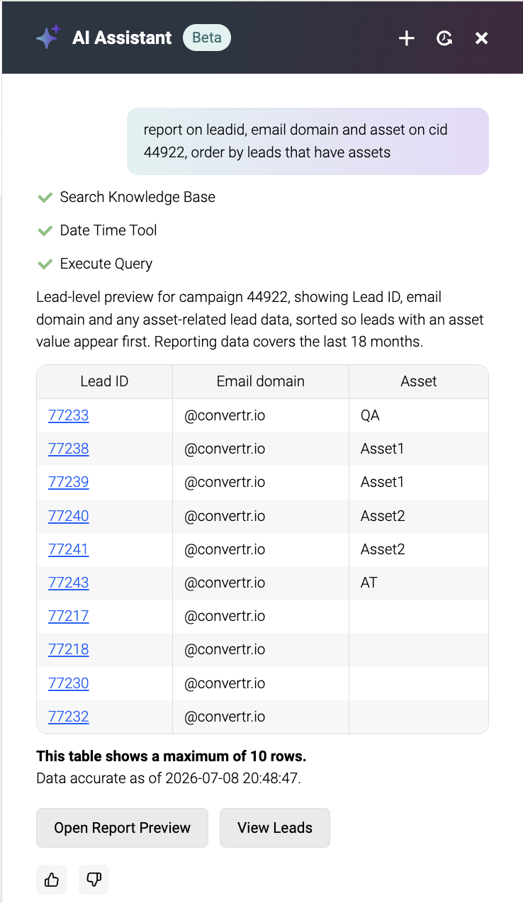 Screenshot showing reporting on lead data