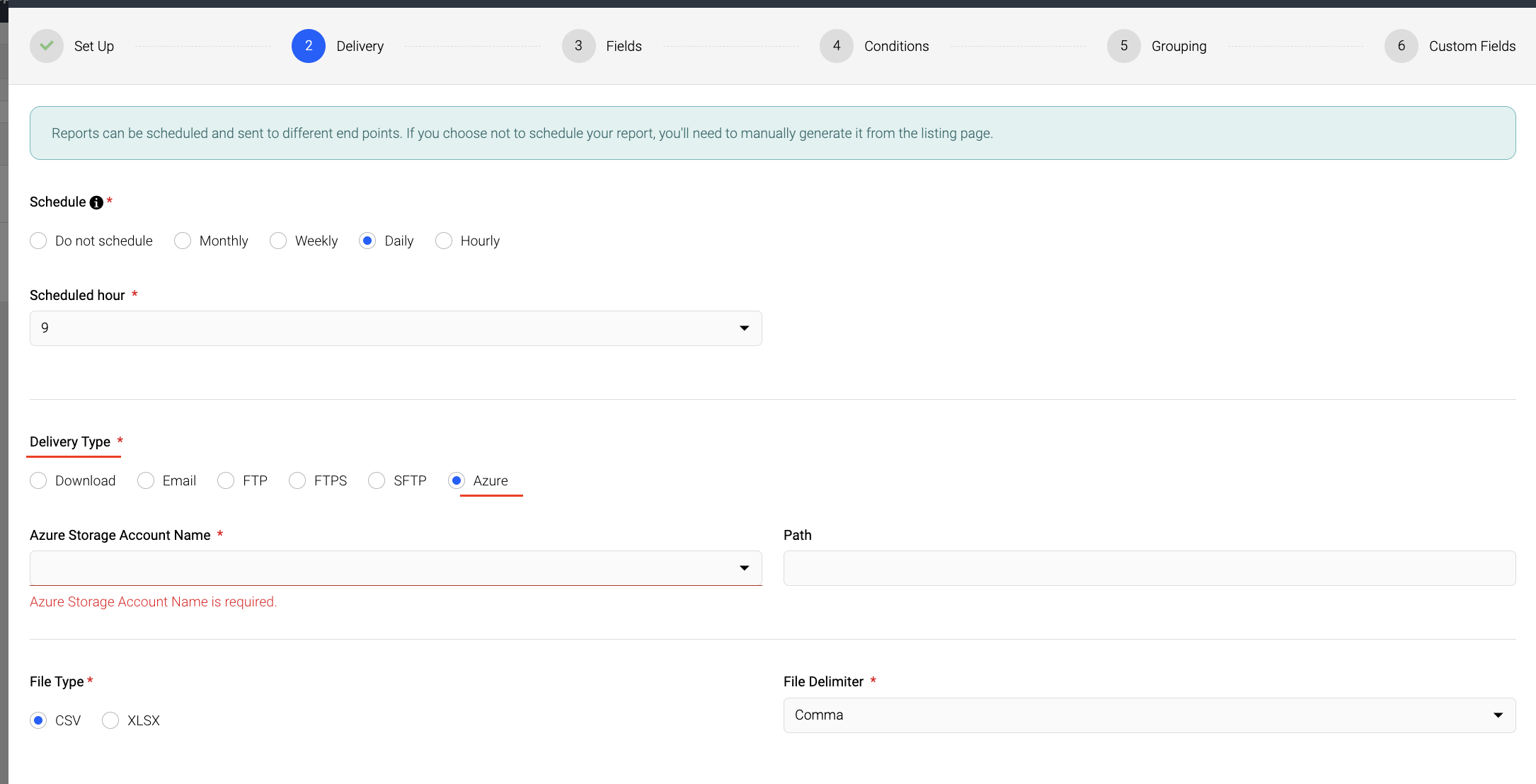 Screenshot showing Azure as a new delivery type available in Report Builder