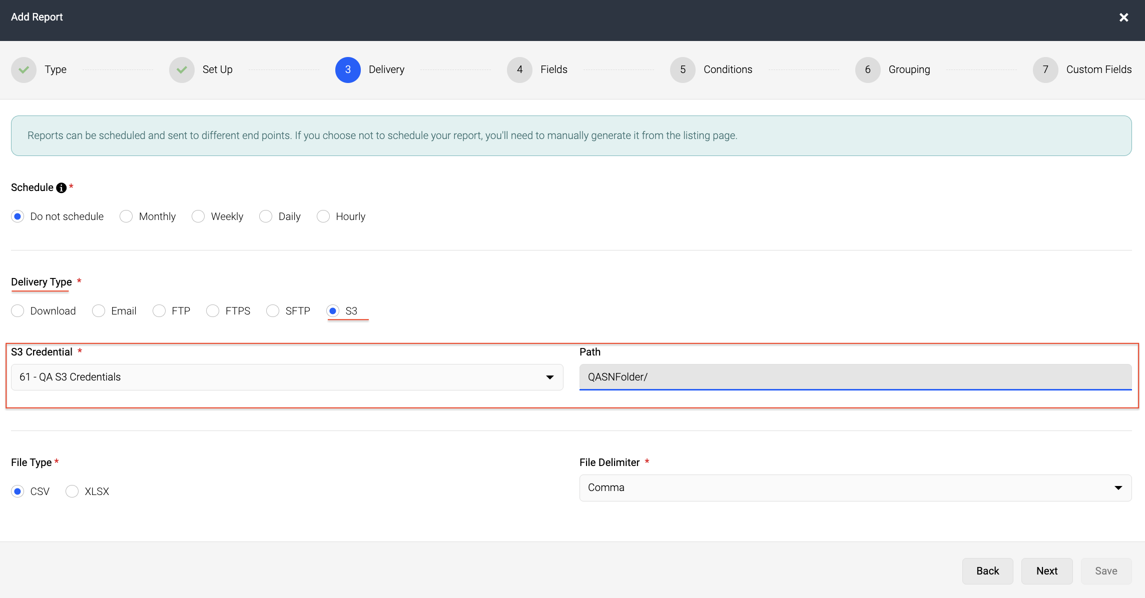 Screenshot showing new S3 delivery type available in the Report Builder.png