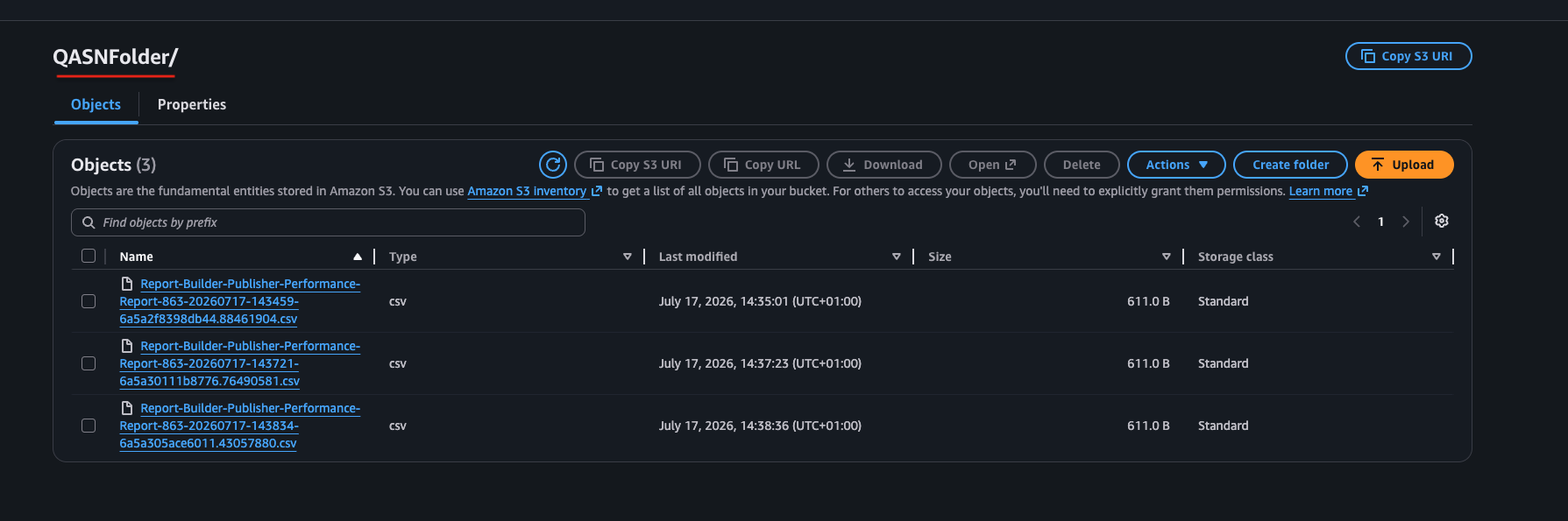 Screenshot showing generated reports listed within the S3 folder.png