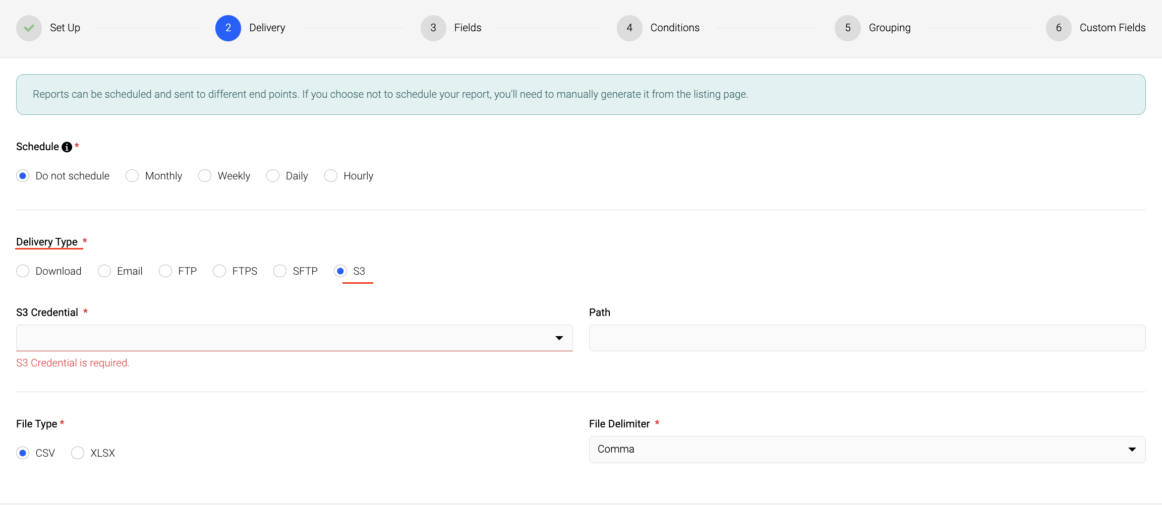 Screenshot showing S3 available as a new delivery type in Report Builder