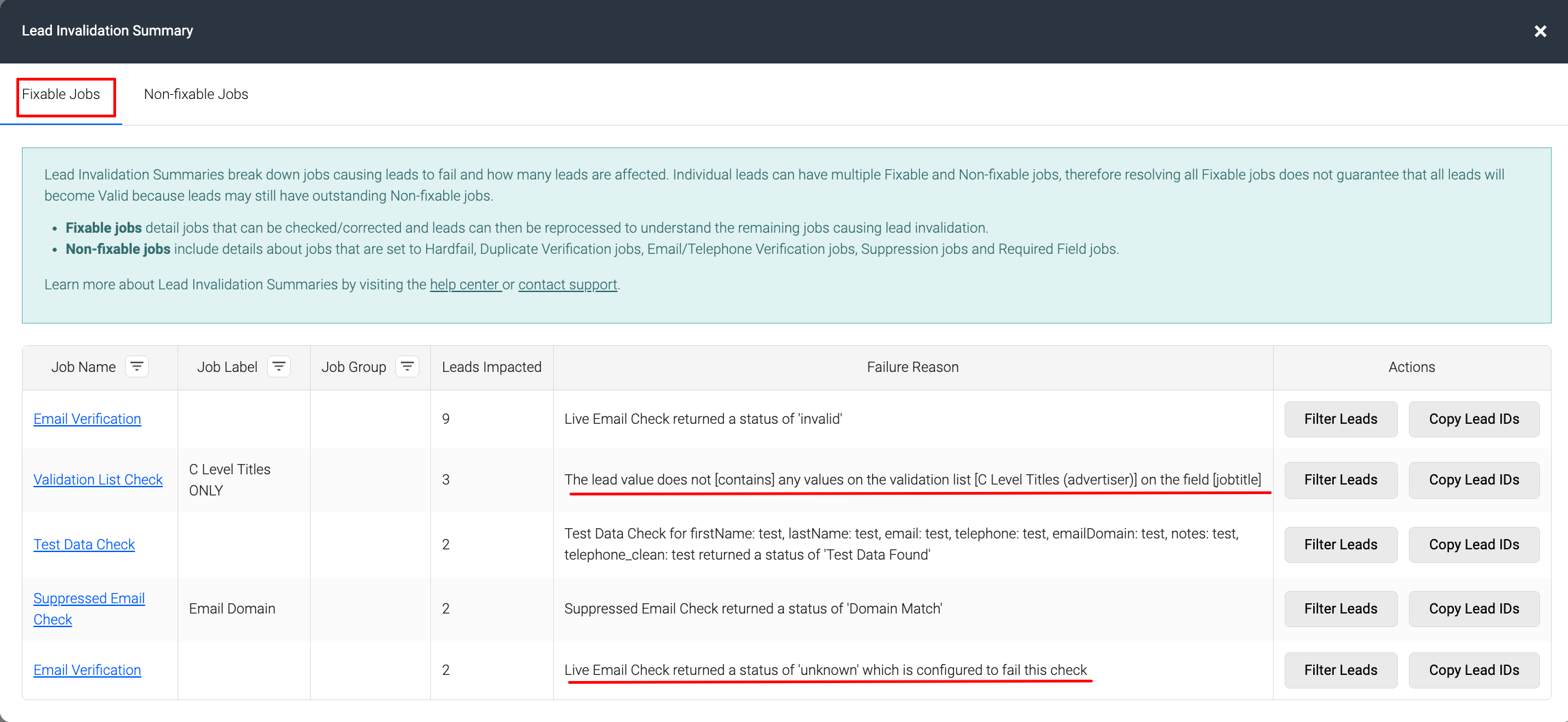 Screenshot showing the Fixable jobs tab.png
