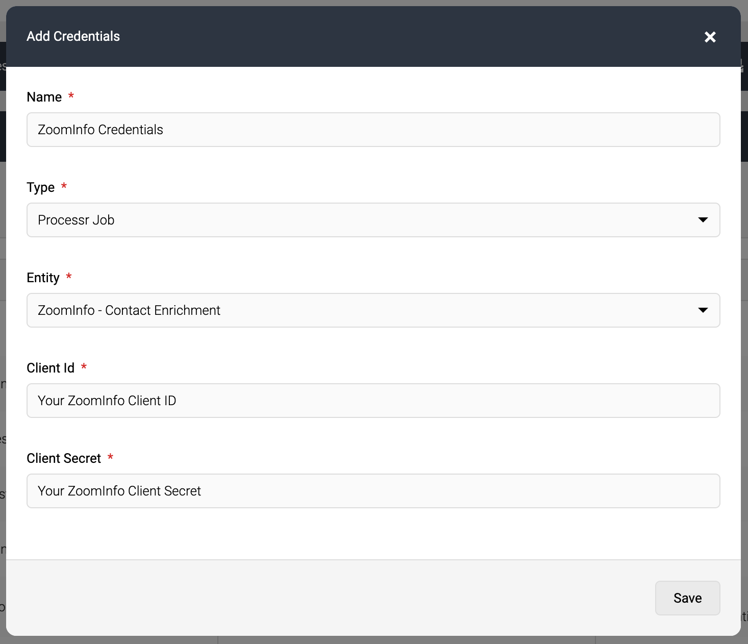 Screenshot of Credentials Manager configuration for ZoomInfo Contact Enrichment