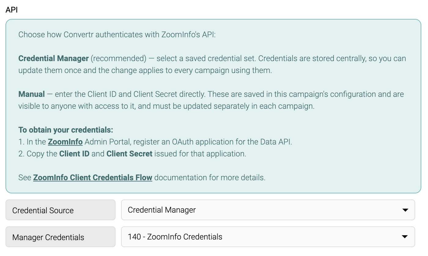 Screenshot of the Credential Manager configuration of the ZoomInfo Contact Enrichment