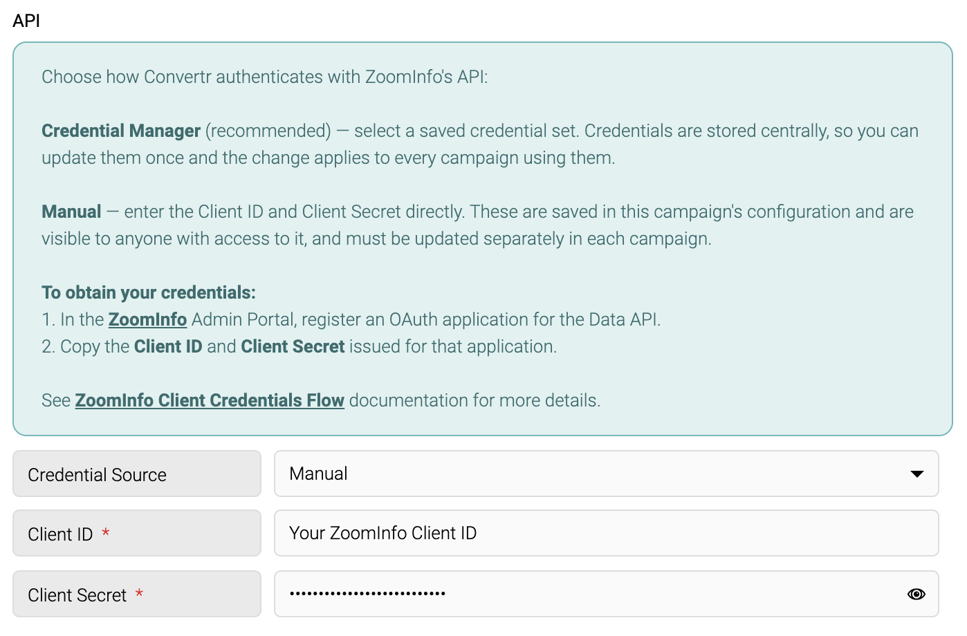 Screenshot of the Manual credentials configuration for ZoomInfo Contact Enrichment