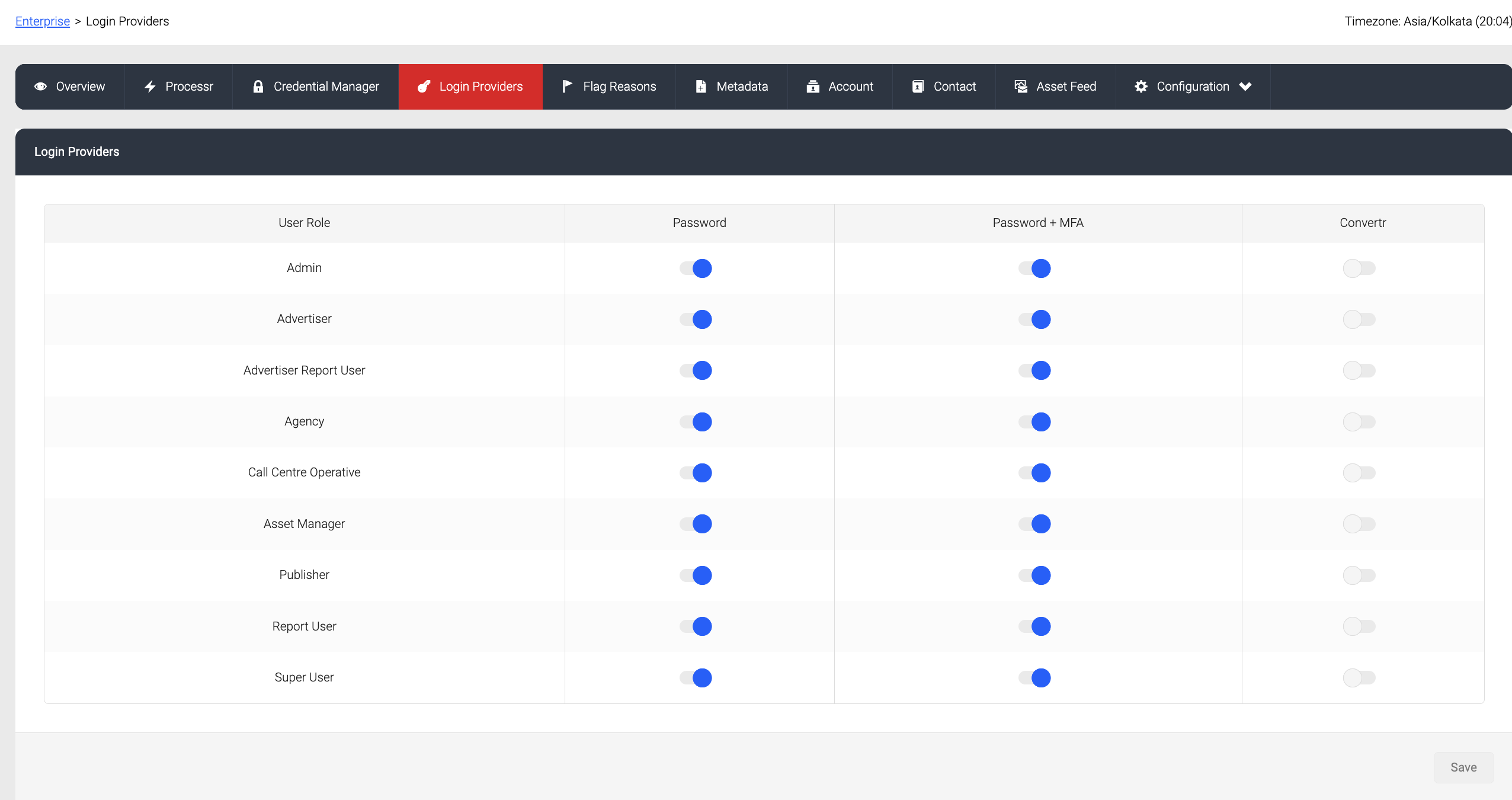 Screenshot showing multiple login provider options enabled for different user roles