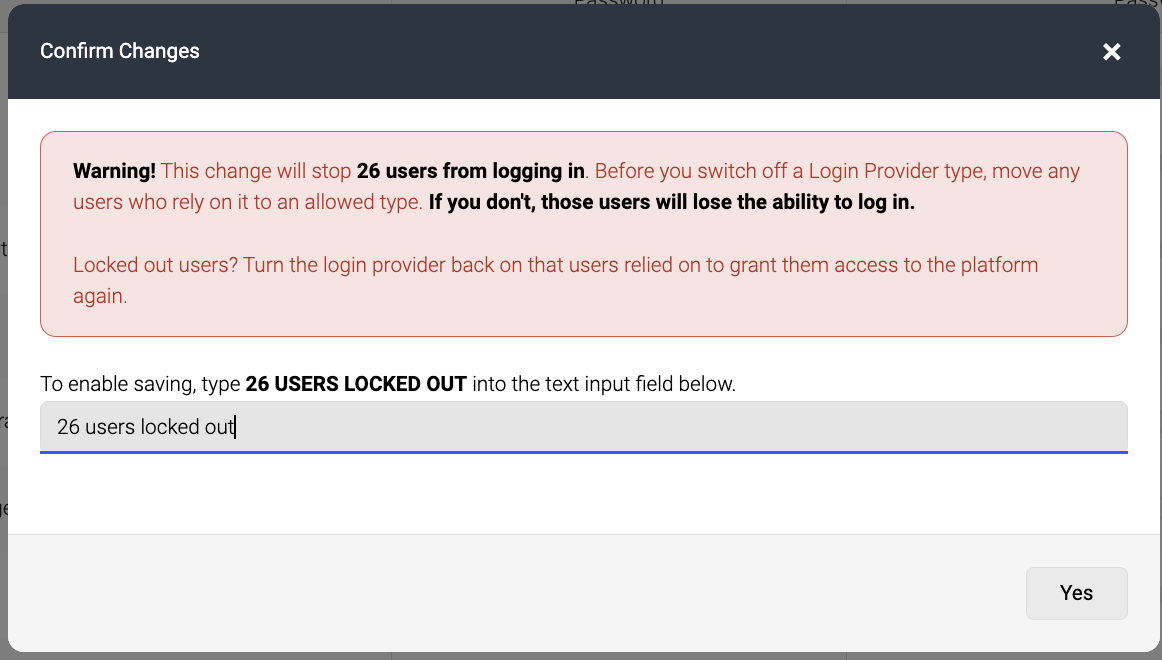 Screenshot of the warning message indicating the number of users that will be locked out when disabling their login option