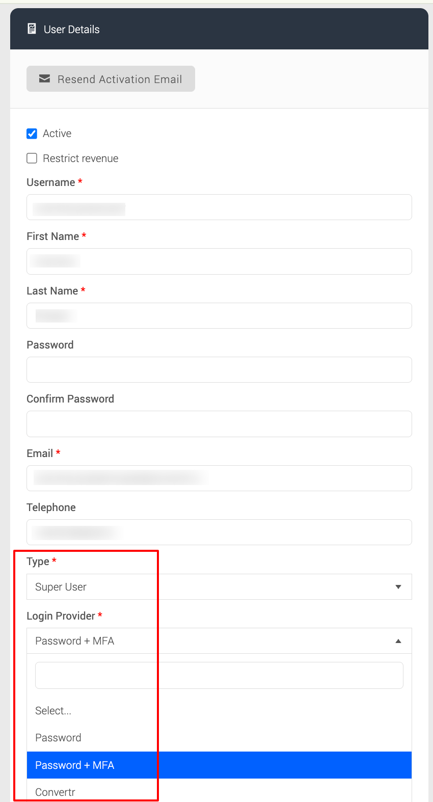 Screenshot showing the different login options enabled for a Super User.png