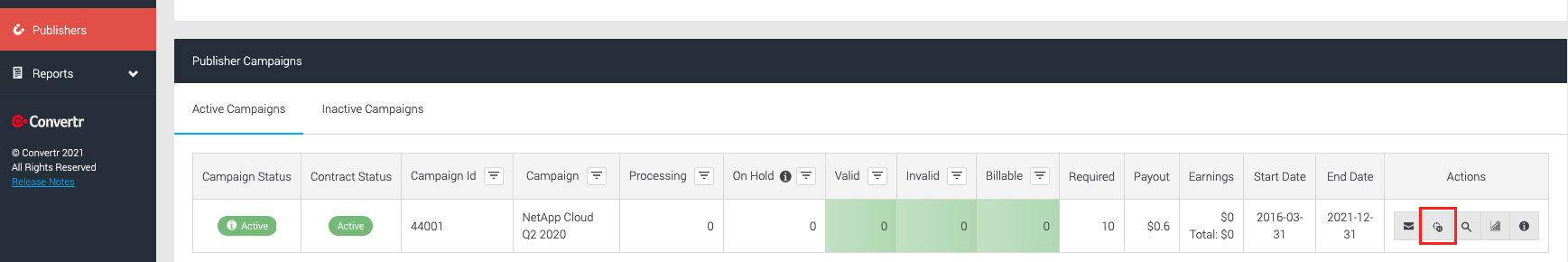 Screenshot of the Tracking button to retrieve the Publisher API Key