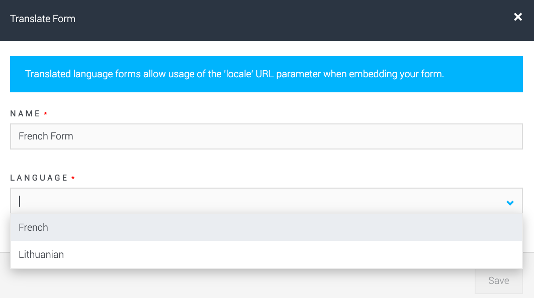 entering the form name and selecting the dropdown