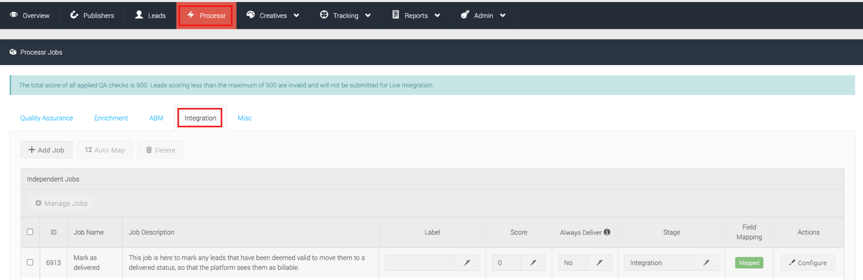 image showing the selection of the Processr tab