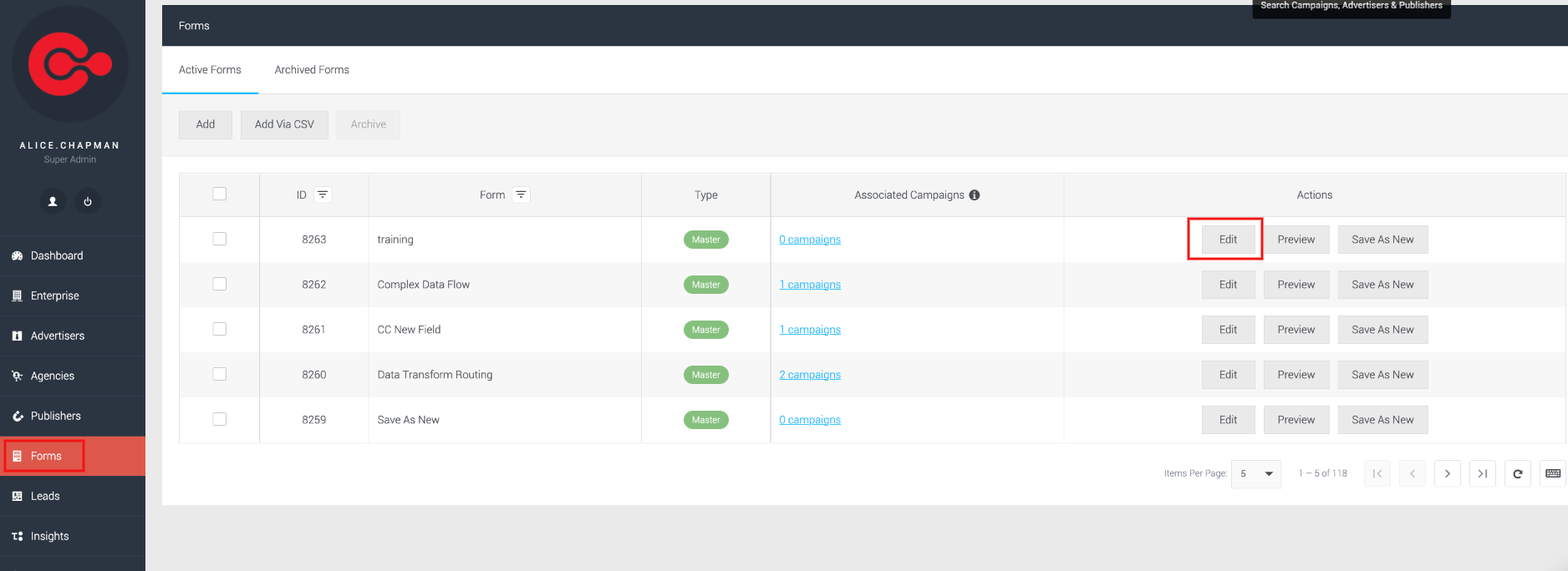 Image of the forms list with the edit button highlighted