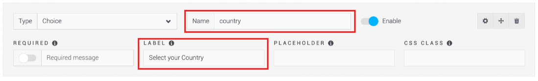 Highlight of the Name field and label field