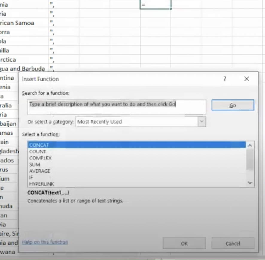 modal of CONCAT functionality