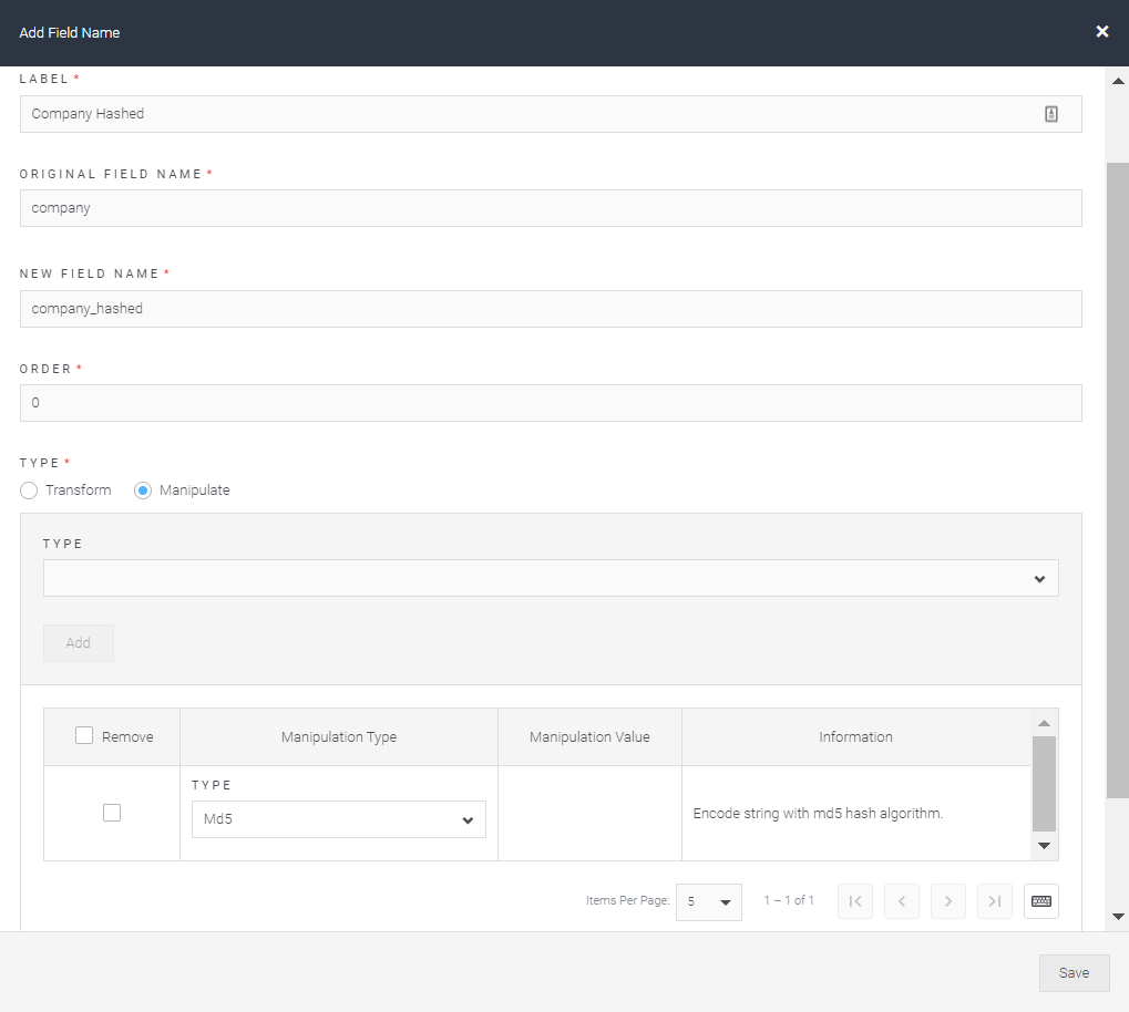 populating the value transform setting